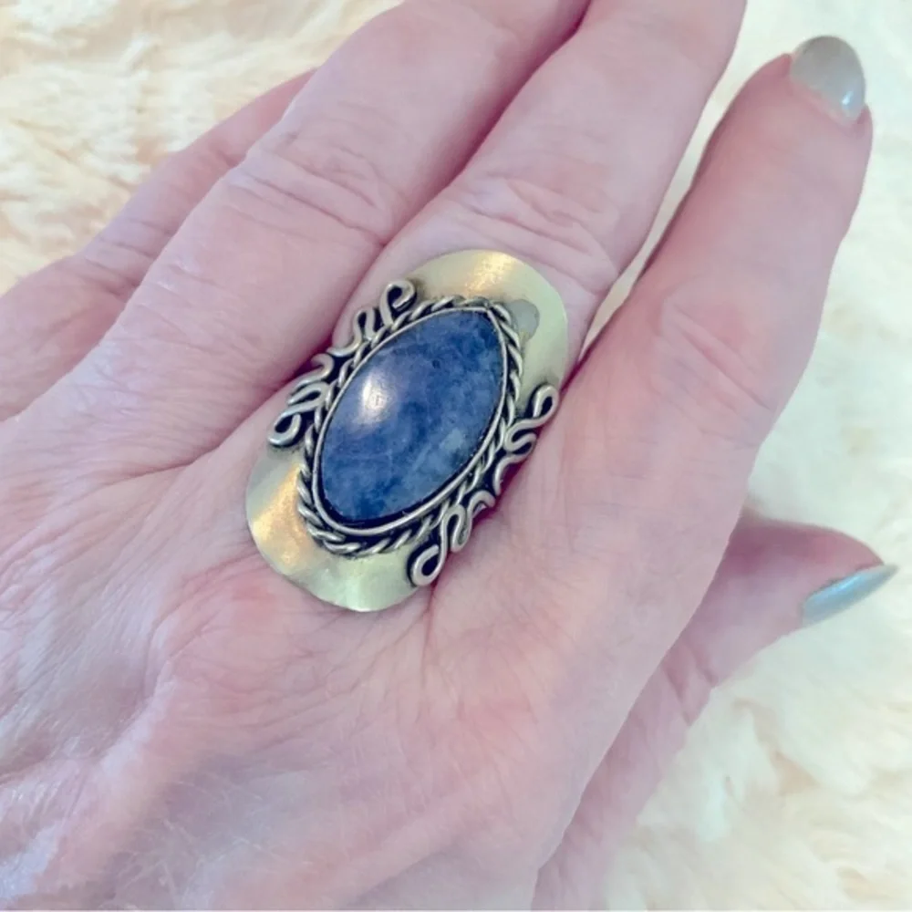 Blue stone Sterling Silver Handcrafted Large Adjustable One Size Fits Most - Picture 2 of 10